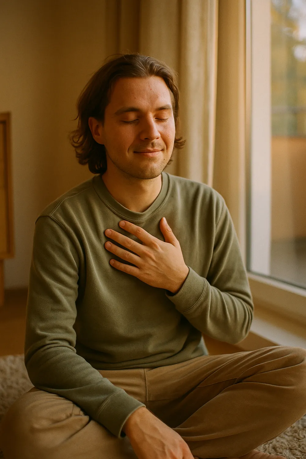 A person sitting cross-legged, taking a slow breath at dusk