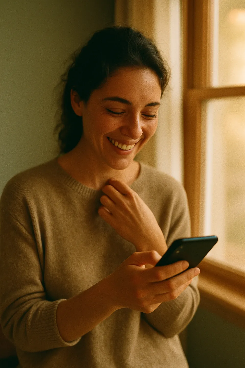 A woman reading a message on her phone, one hand resting at her heart